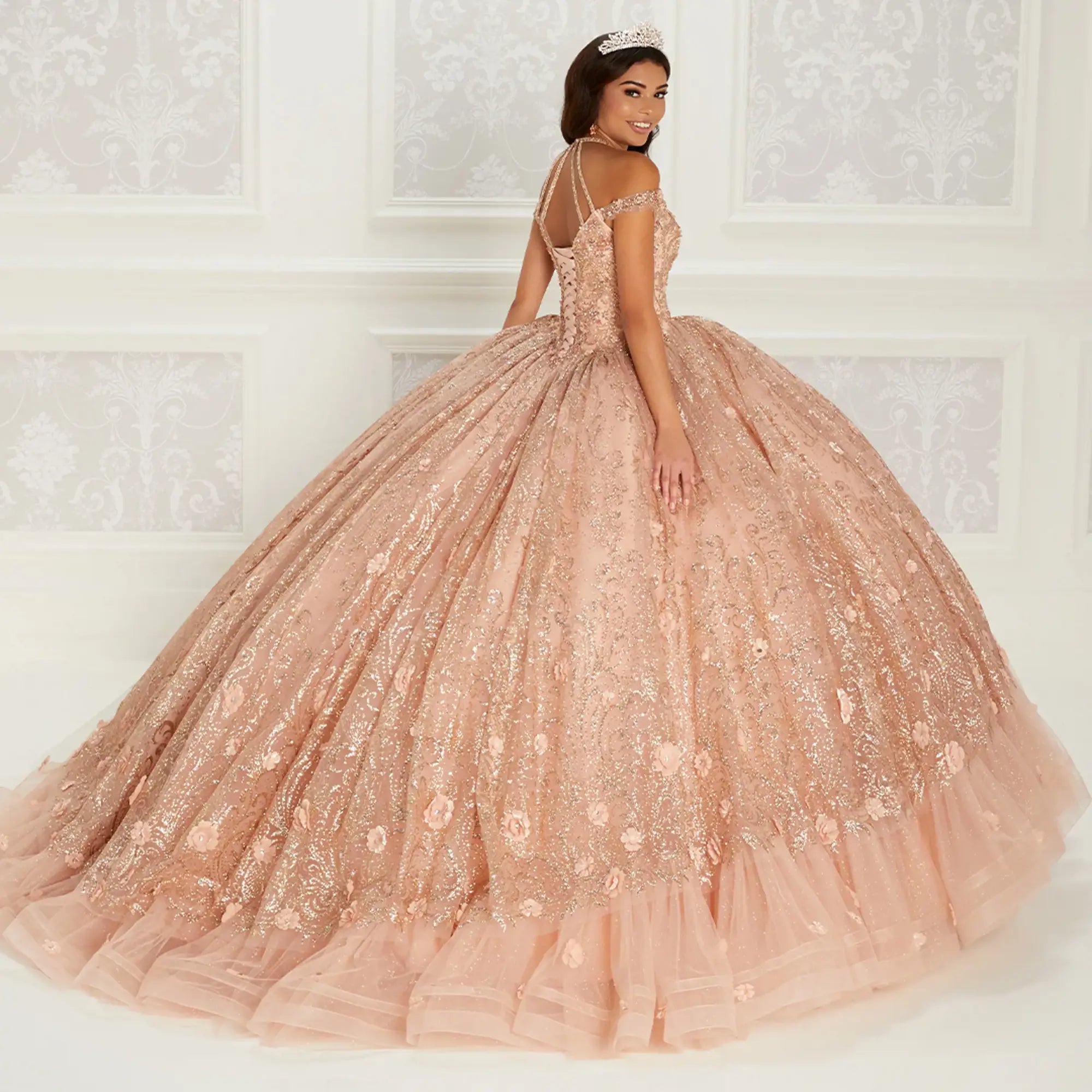 Glitter tulle quinceanera dress with beaded bodice, all-over embroidery, and detachable straps