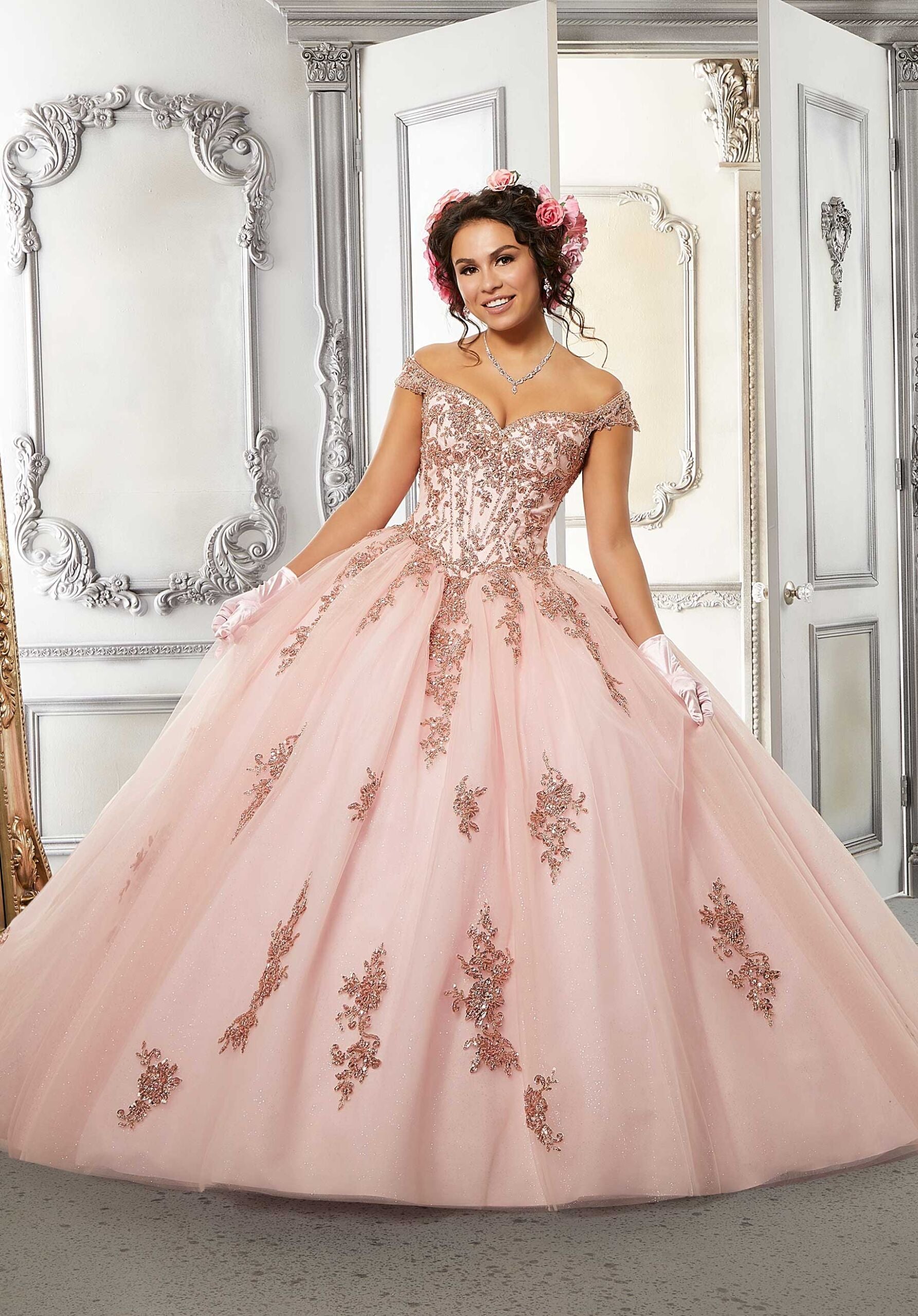 Crystal Beaded Metallic Lace Quinceaera Dress Elegant Bride and Quinceanera Crystal Beaded Metallic Lace Quinceaera Dress Elegant Bride and Quinceanera