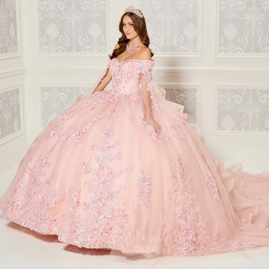 Quinceañera Dress in Beaded Lace and Shimmering Tulle with Floral Print