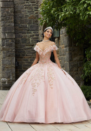 Gold Edged Pleated Tulle Quinceañera Dress