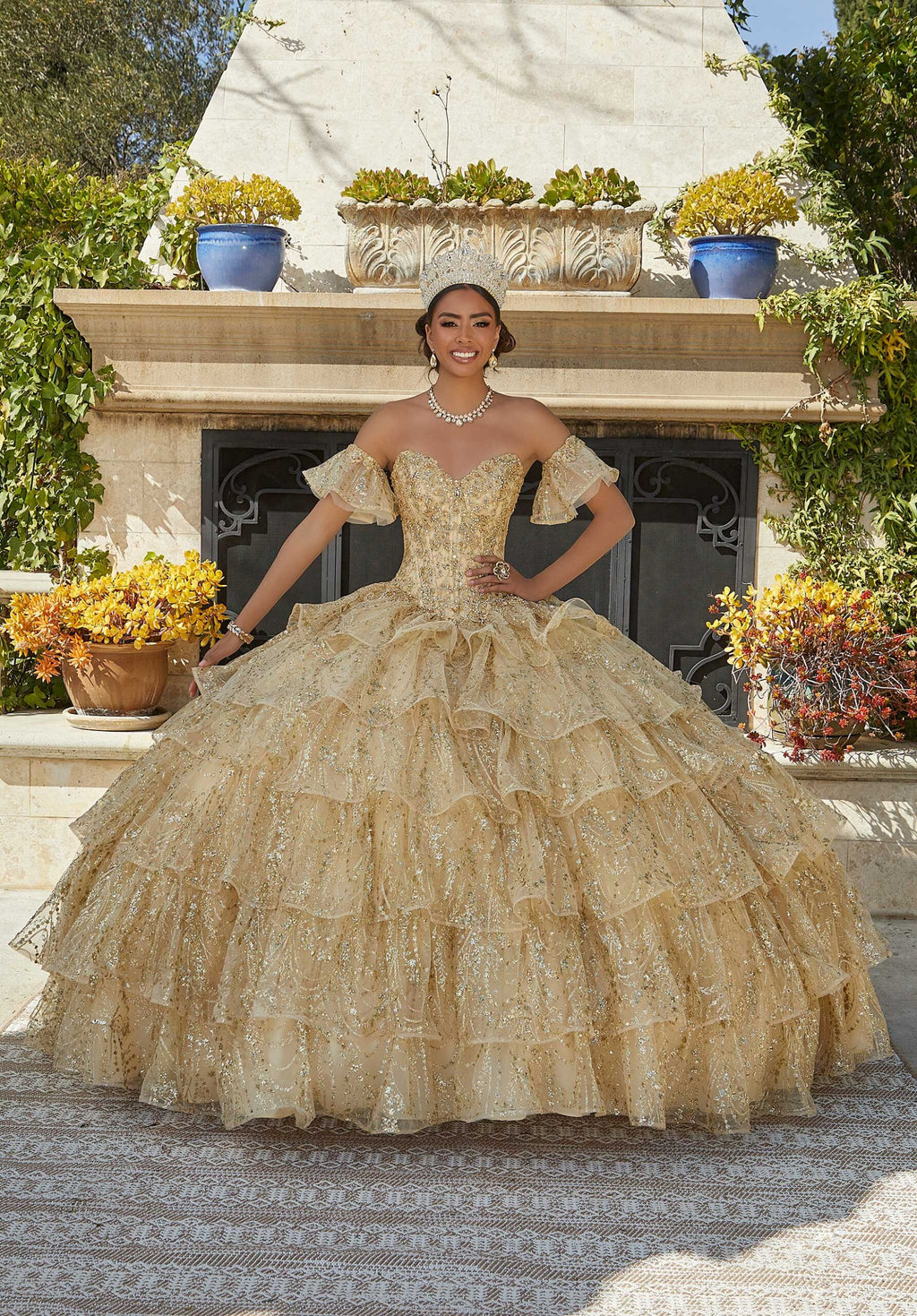 Jeweled and Embroidered Tiered Quinceañera Dress