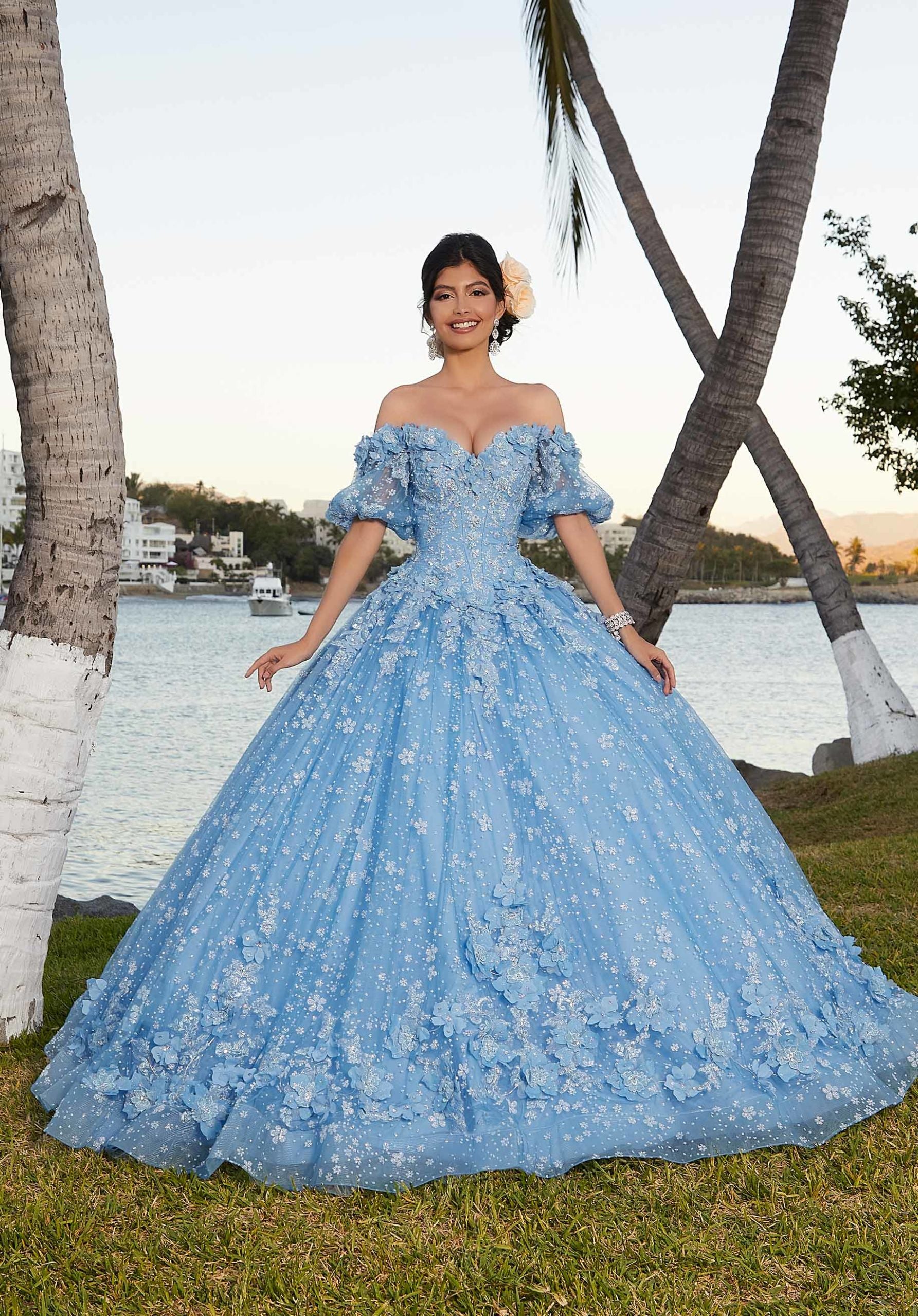 Floral Patterned Glitter Net Quinceañera Dress