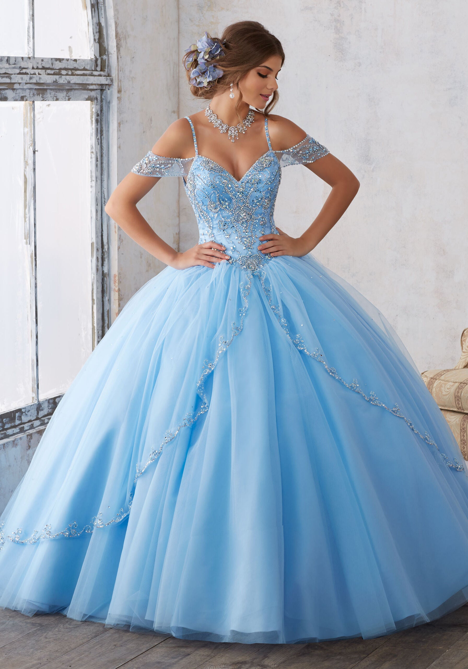 Jeweled Beading on a Split Front Tulle Ballgown