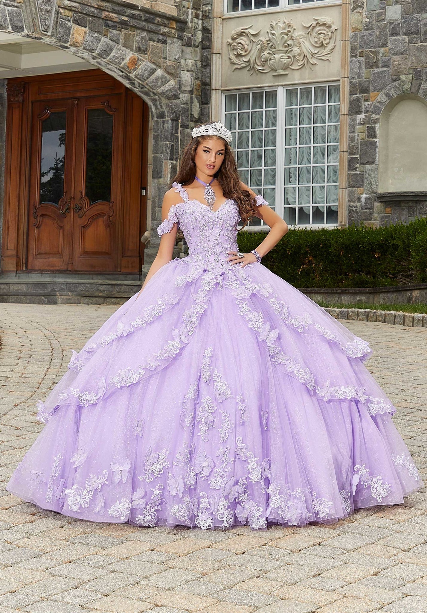 Metallic Embroidered Quinceañera Dress with Three-Dimensional Butterflies