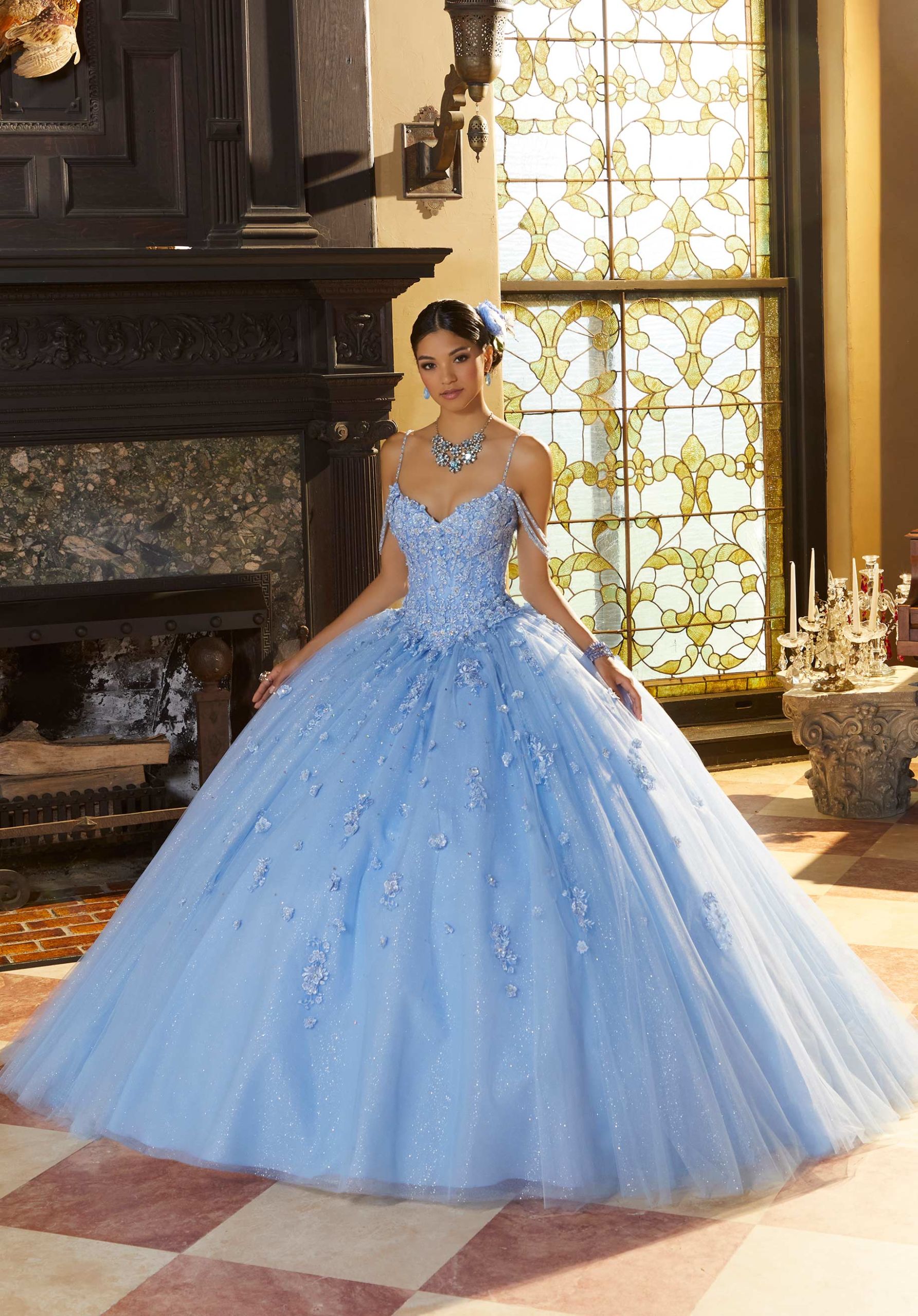 Floral Lace Quinceaera Dress with Three-Dimensional Appliqus Elegant Bride and Quinceanera Floral Lace Quinceaera Dress with Three-Dimensional Appliqus Elegant Bride and Quinceanera