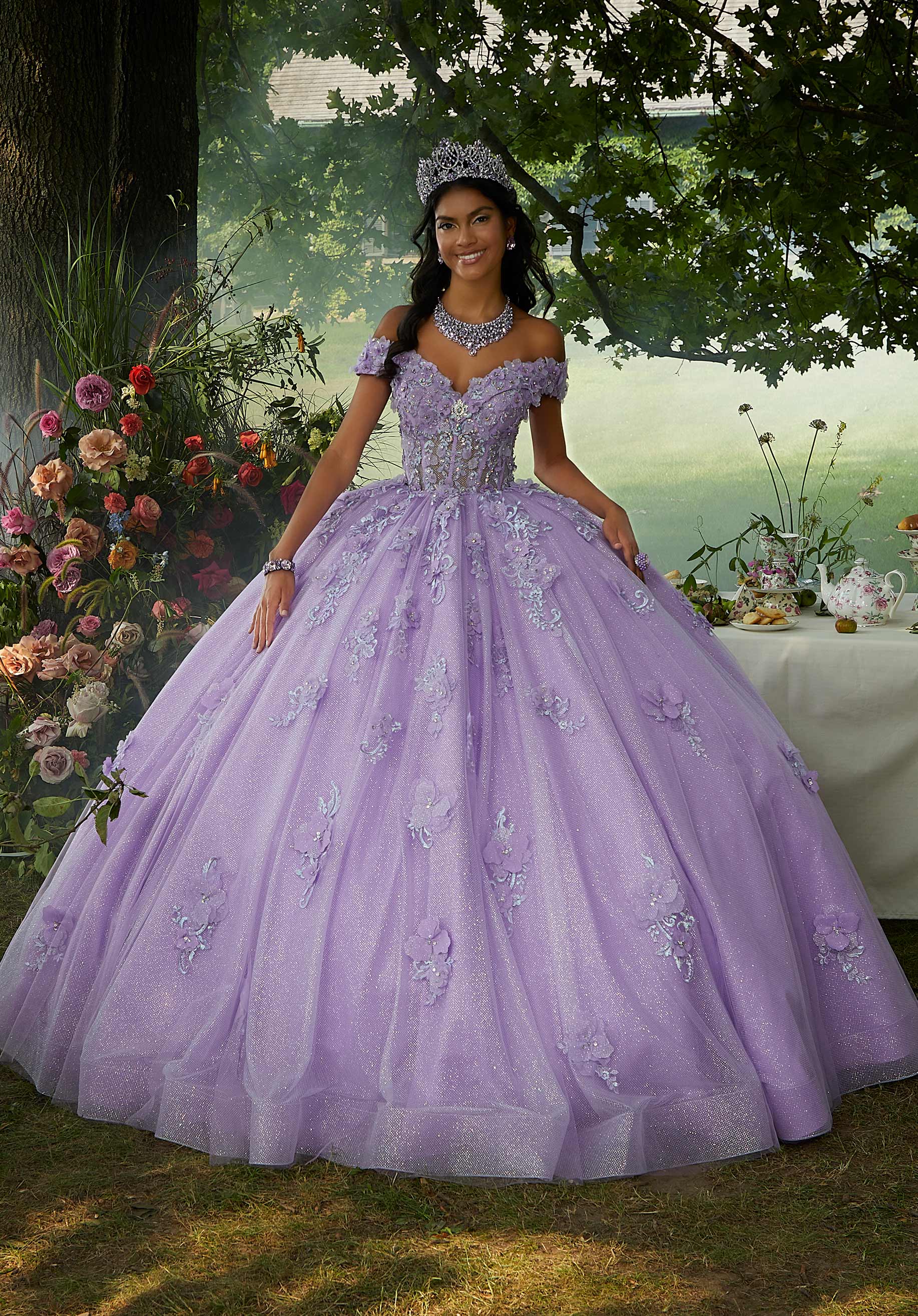 Rhinestone and Three-dimensional Floral Embroidered Quinceañera Dress