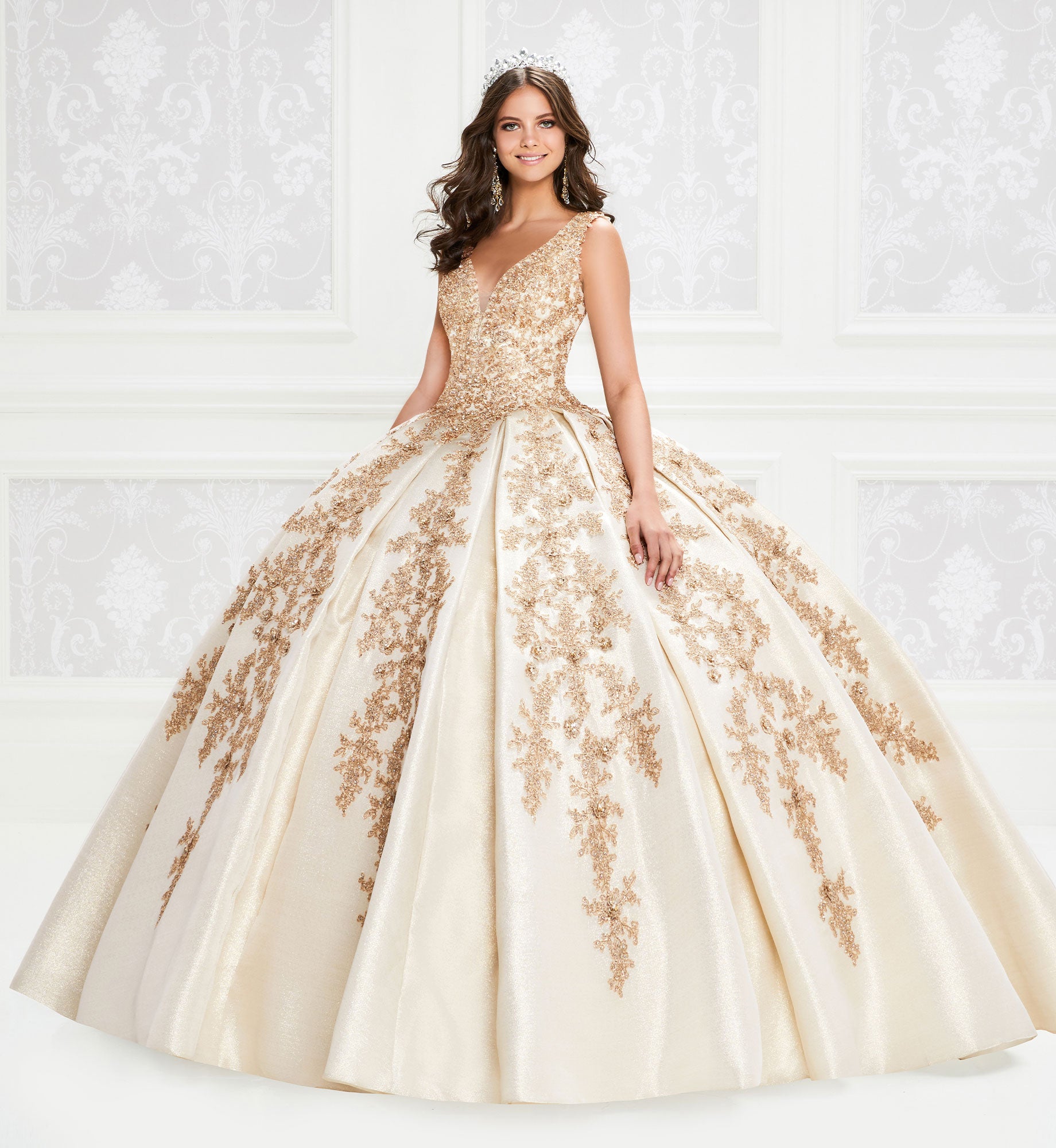 Gold quinceanera dress with lace and V-neck bodice Elegant Bride and Quinceanera Gold quinceanera dress with lace and V-neck bodice Elegant Bride and Quinceanera