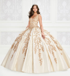 Gold quinceanera dress with lace and V-neck bodice