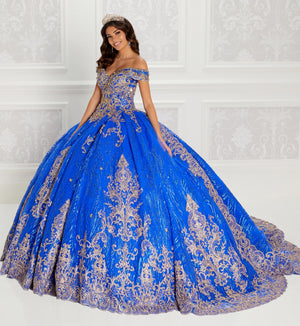 Off-the-shoulder quinceanera dress with sparkling embroidering and scalloped train