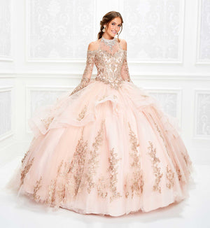 Gold quinceanera dress with illusion lace long sleeves and ruffle skirt