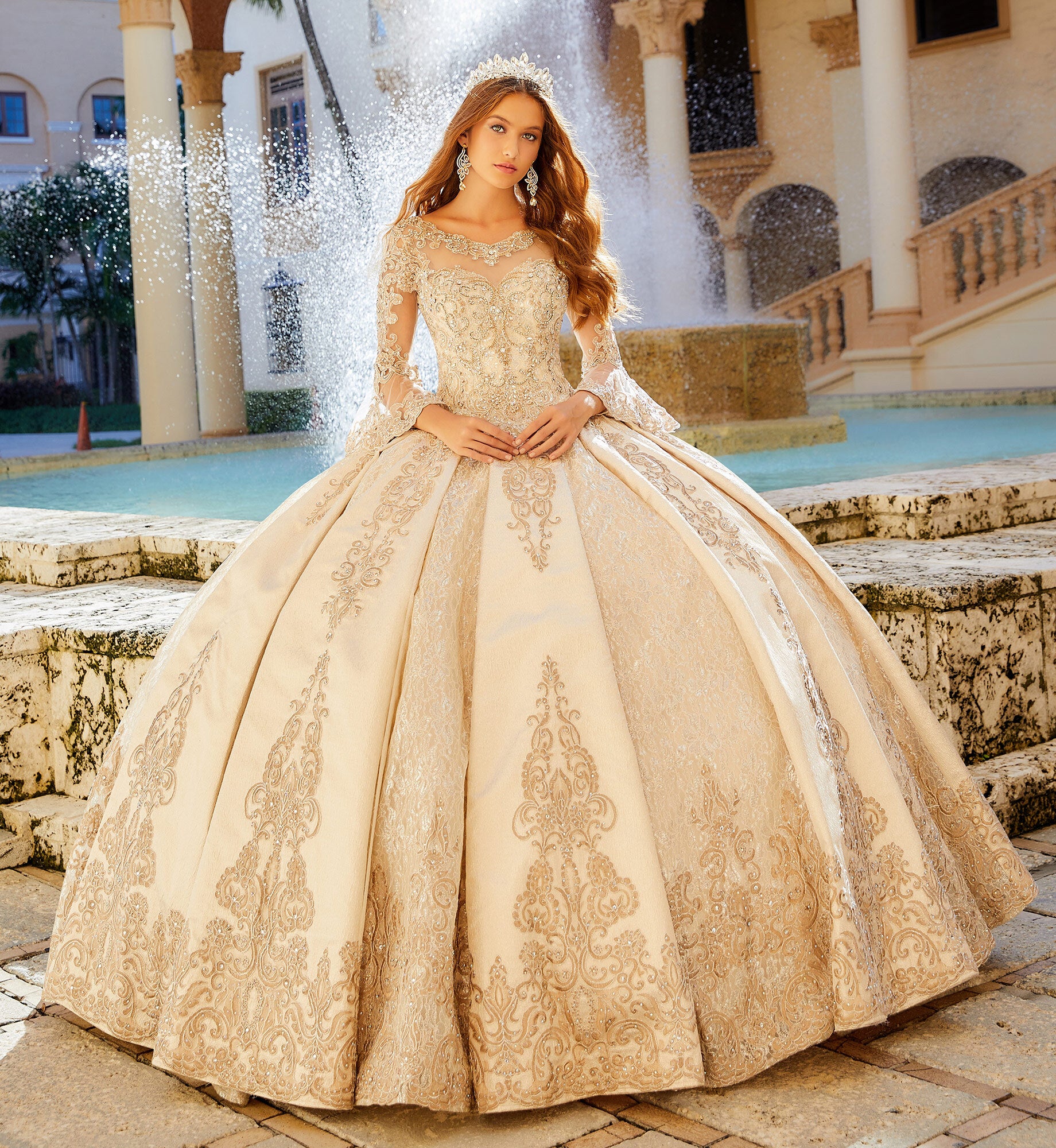 Gold quinceanera dress with 3/4-length sleeves Elegant Bride and Quinceanera Gold quinceanera dress with 3/4-length sleeves Elegant Bride and Quinceanera
