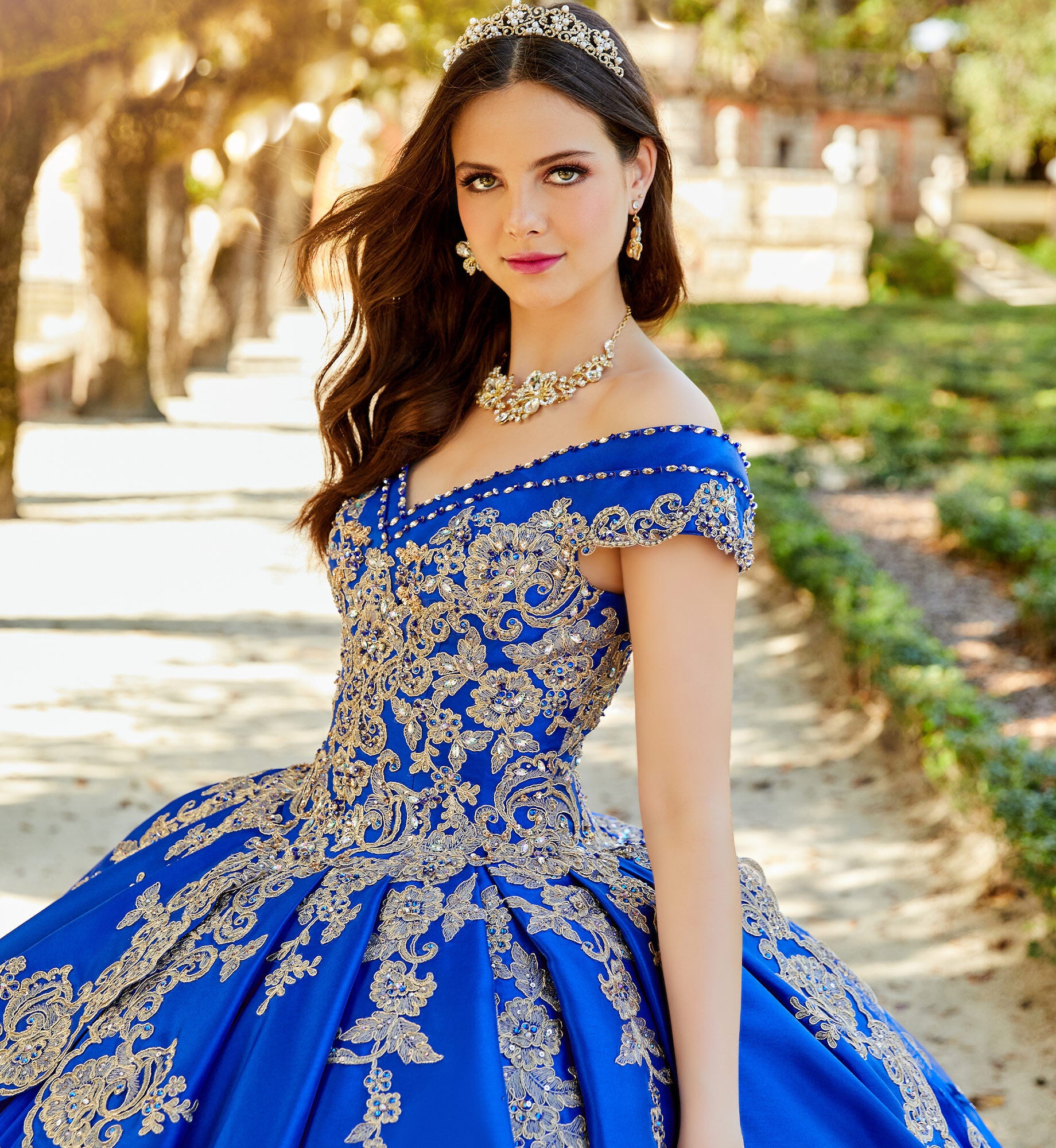 Traditional satin quinceanera dress with off the shoulder neckline