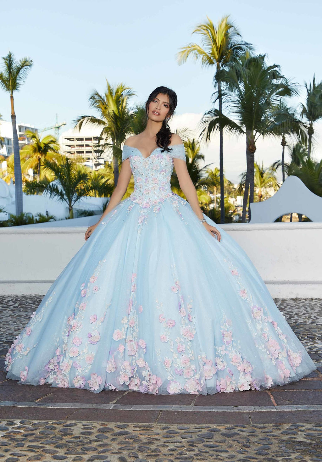 Three-Dimensional Floral Sparkle Appliqué Quinceañera Dress