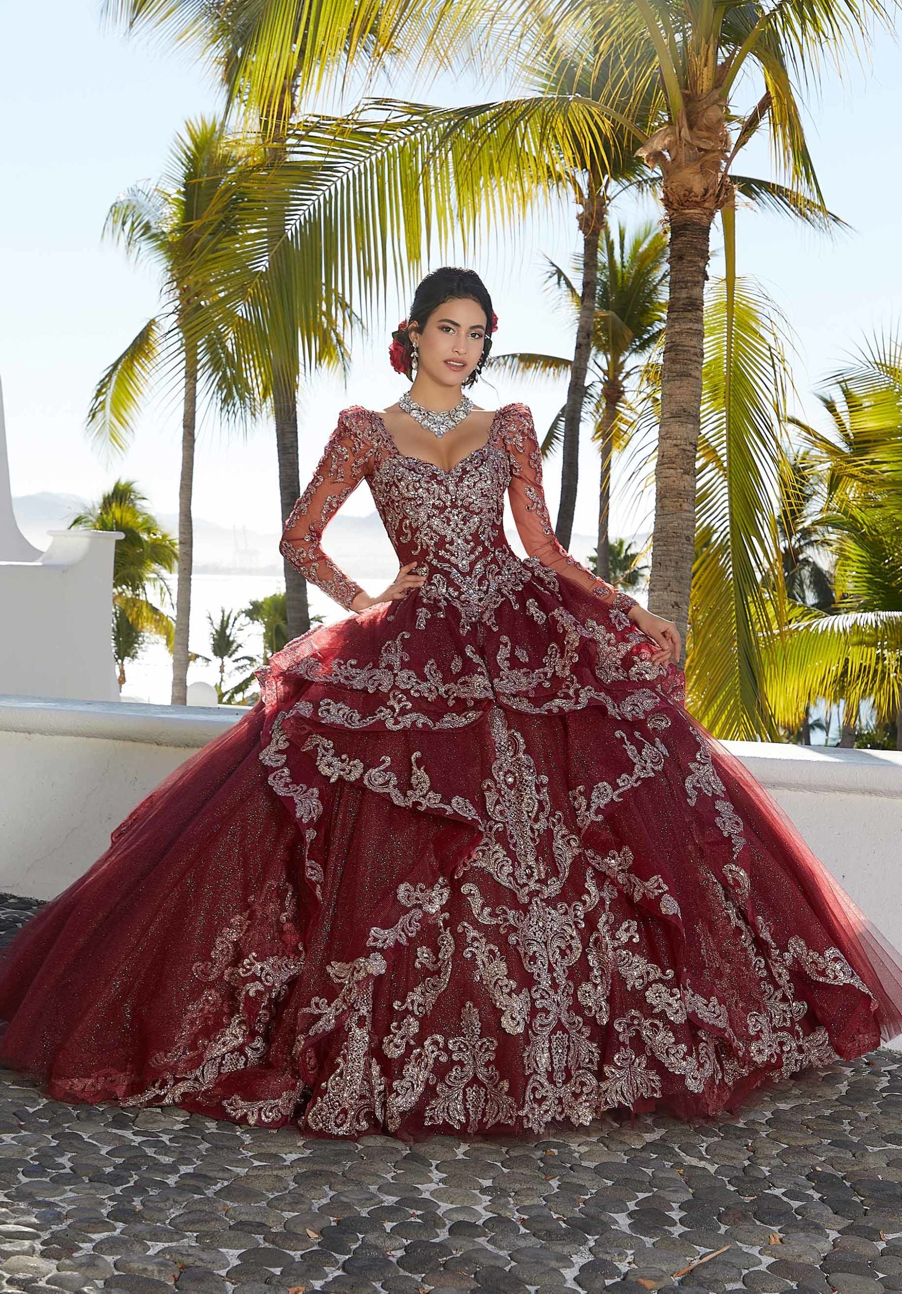 Flounced Glitter Embroidered Quinceañera Dress