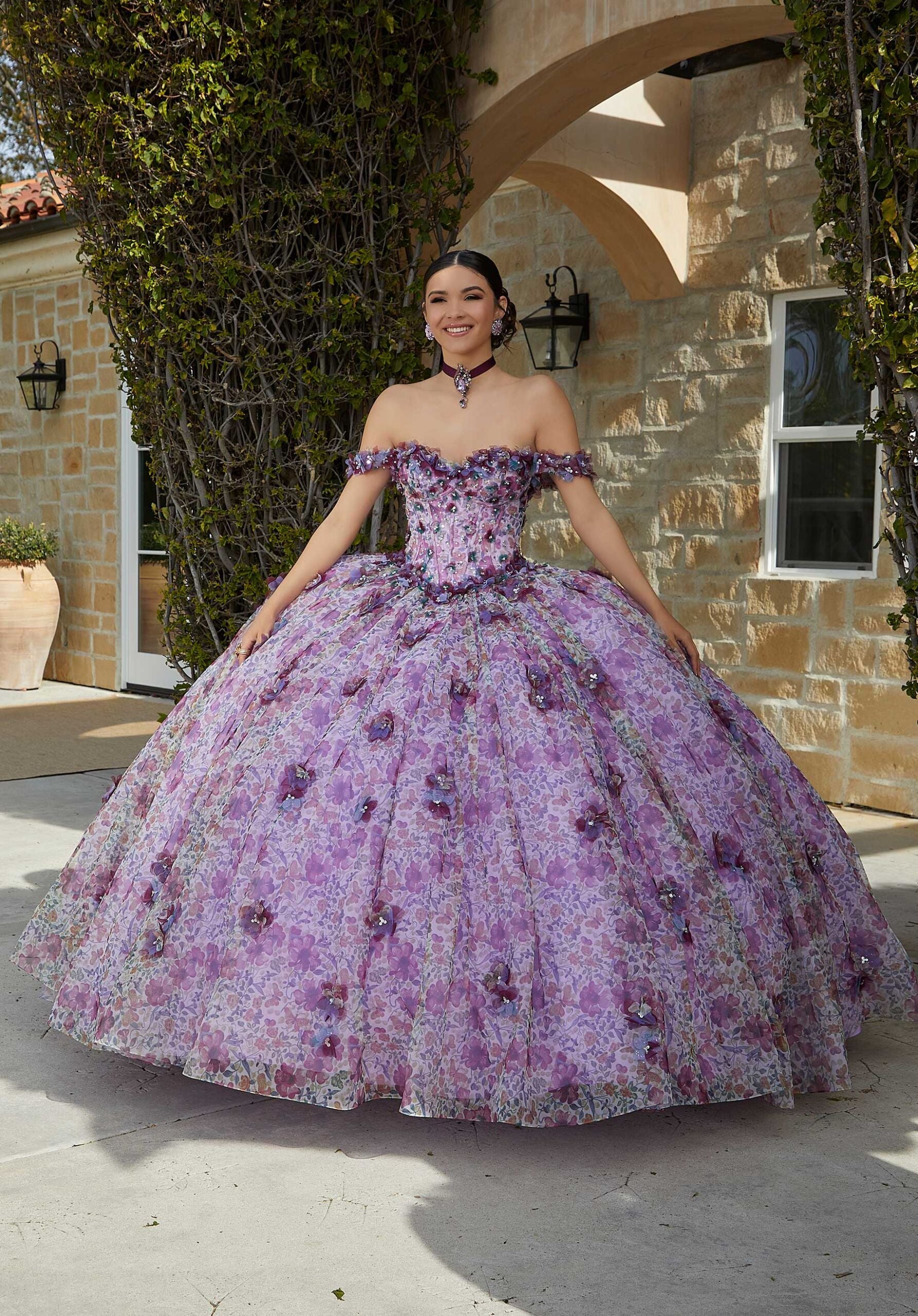 Floral Printed Quinceañra Dress with Three-Dimensional Appliqués