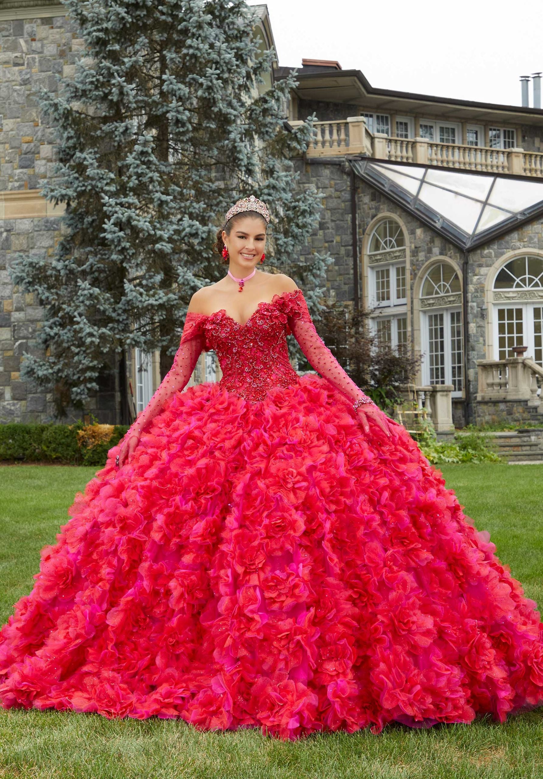 Three-Dimensional Floral Lace Quinceañera Dress with Floral Skirt