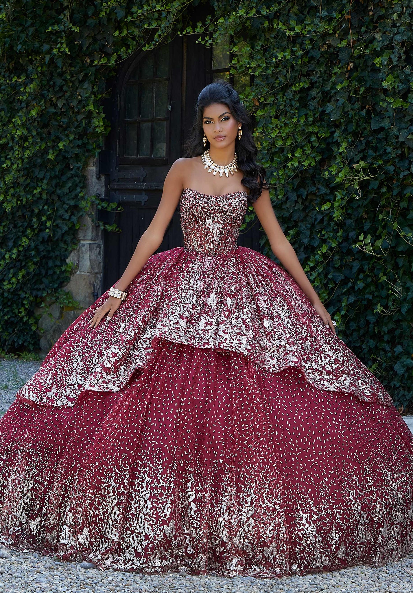 Patterned Glitter Quinceanera Dress with Flounced Skirt Overlay