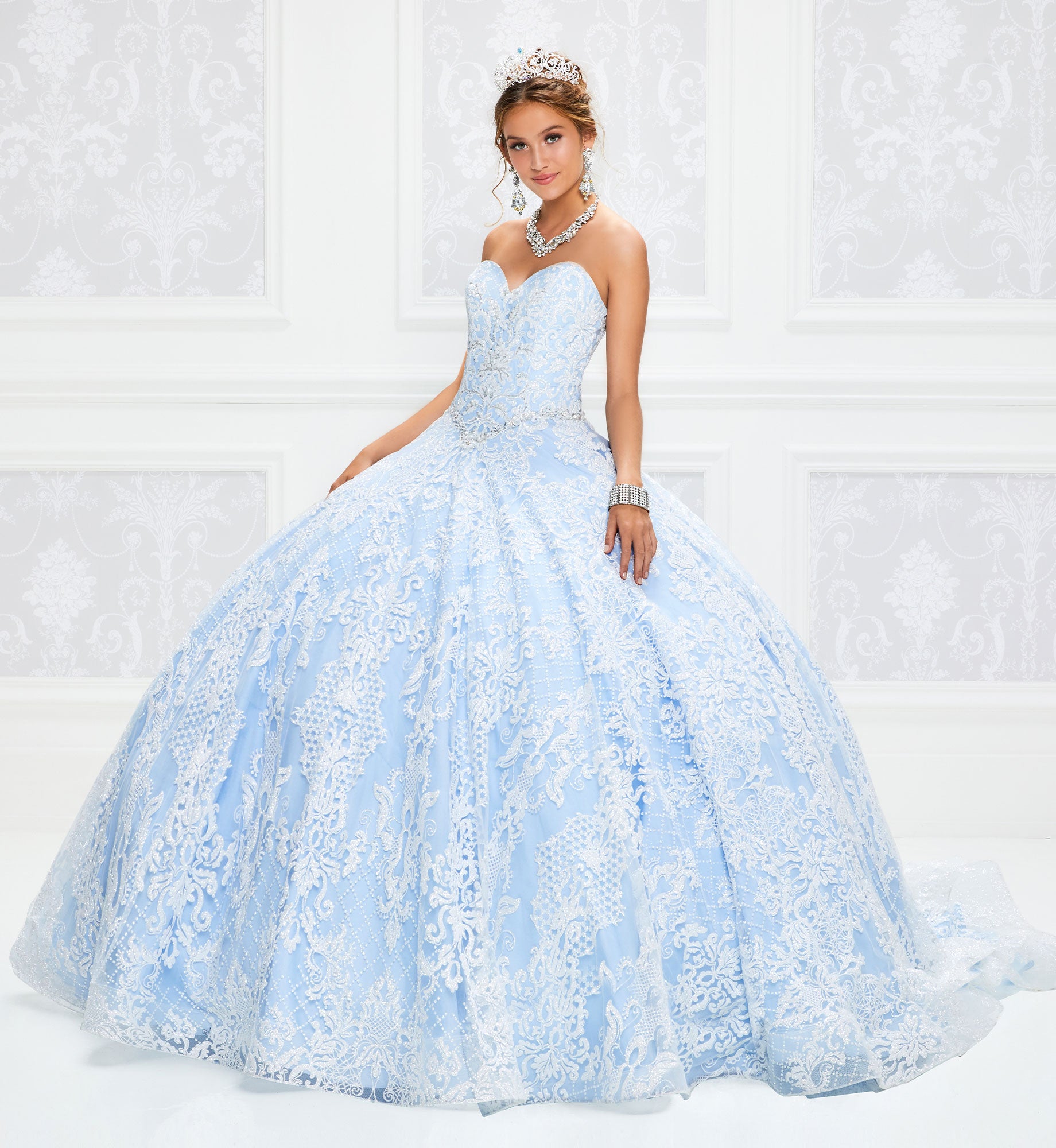 Pastel quinceanera dress with cracked ice details and pockets