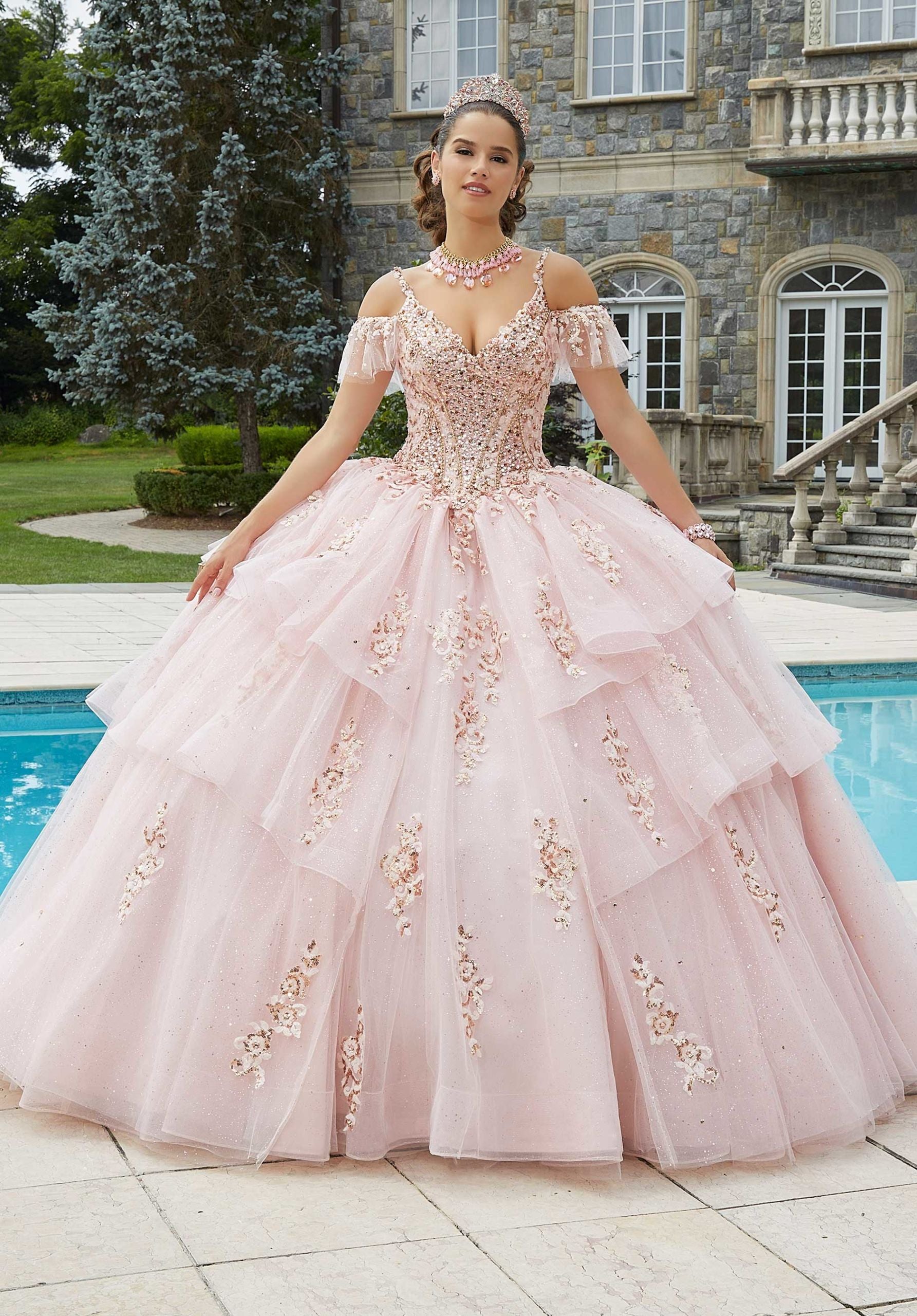 Flounced Rhinestone and Sparkle Tulle Quinceañera Dress