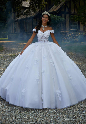 Crystal Beaded Three-Dimensional Embroidered Quinceañera Dress with Sheer Bodice
