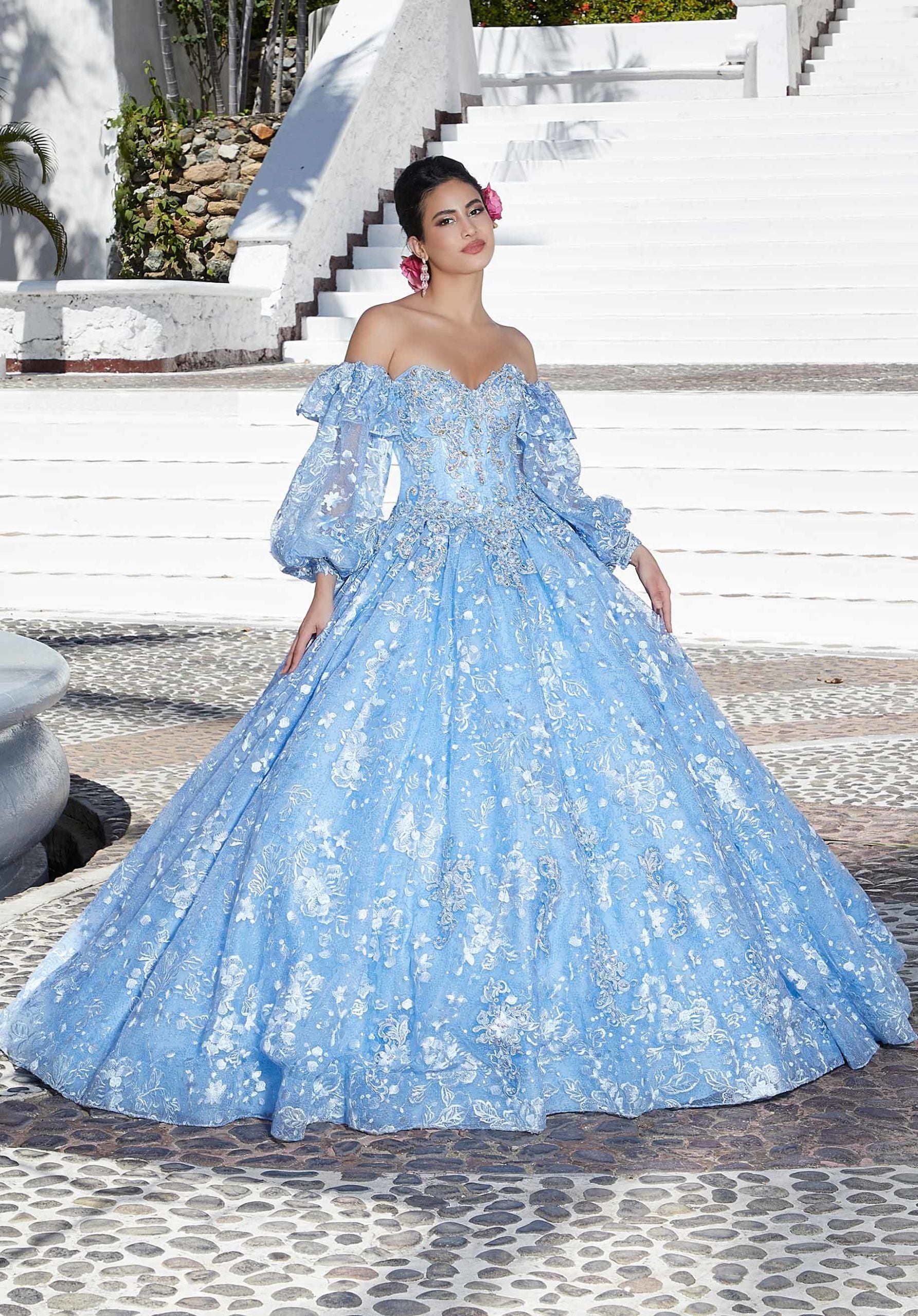 Allover Sequin Embroidered Quinceañera Dress with Three-Dimensional Floral Embroidery