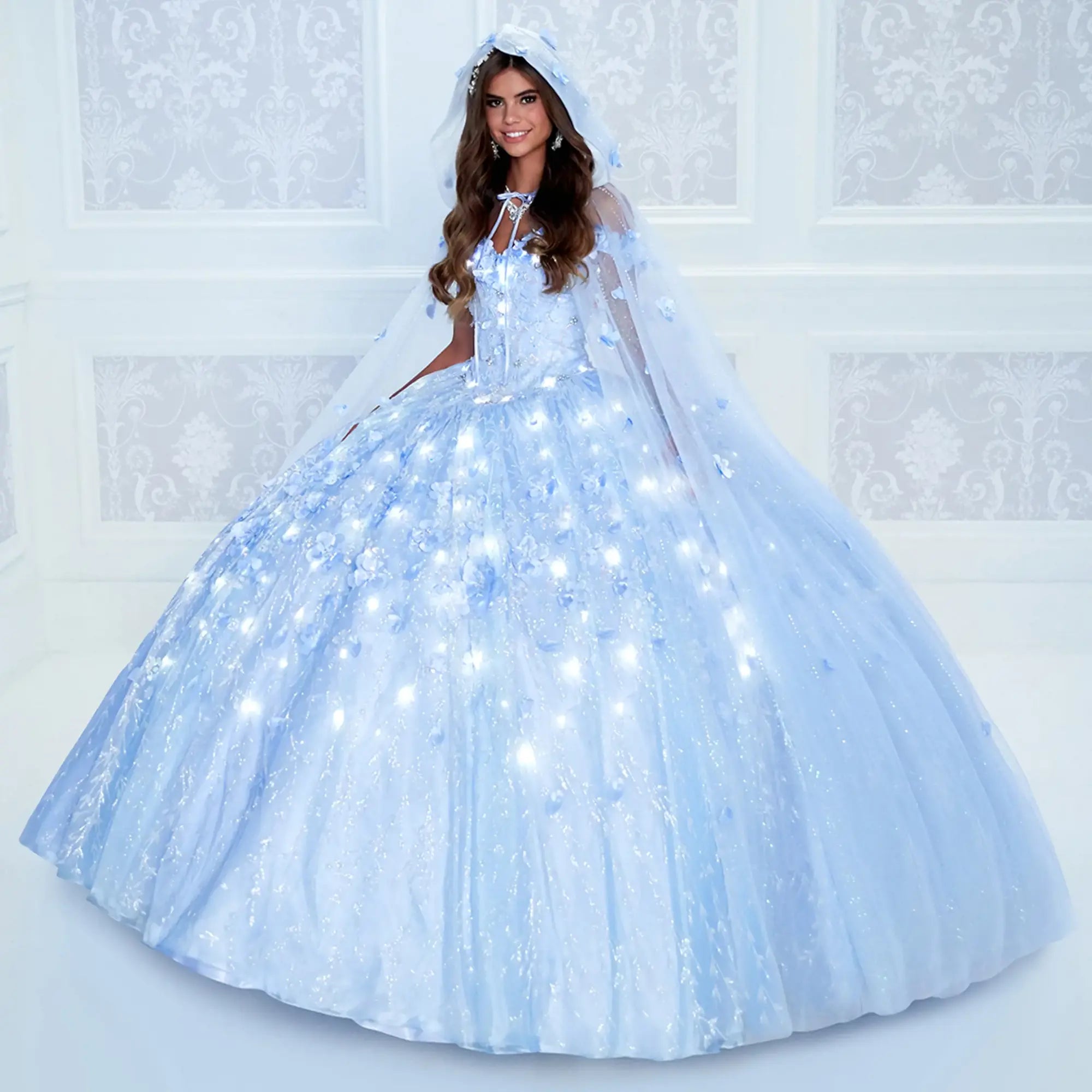 Ethereal light-up quinceanera dress with 3D flowers