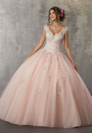 Crystal Beaded Lace Appliqués on a Tulle Ball Gown