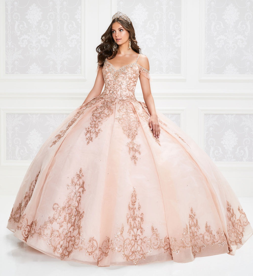 One-of-a-kind gold quinceanera dress with beaded V-neck