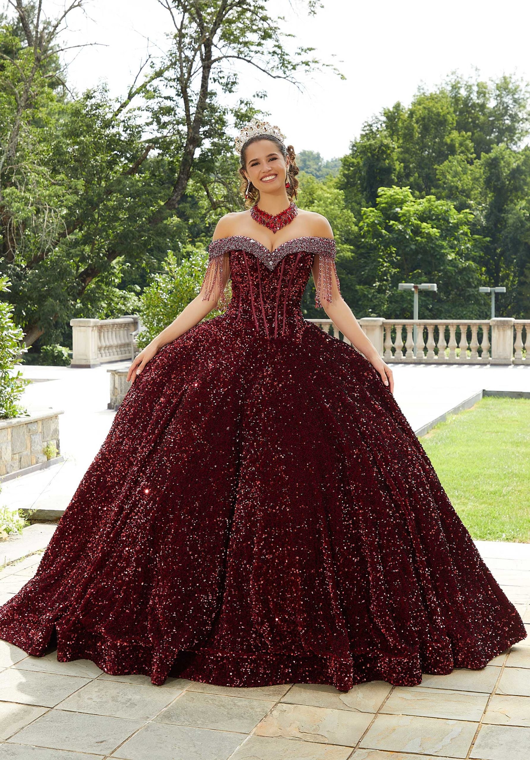 Allover Sequin Velvet Quinceañera Dress with Beaded Fringe