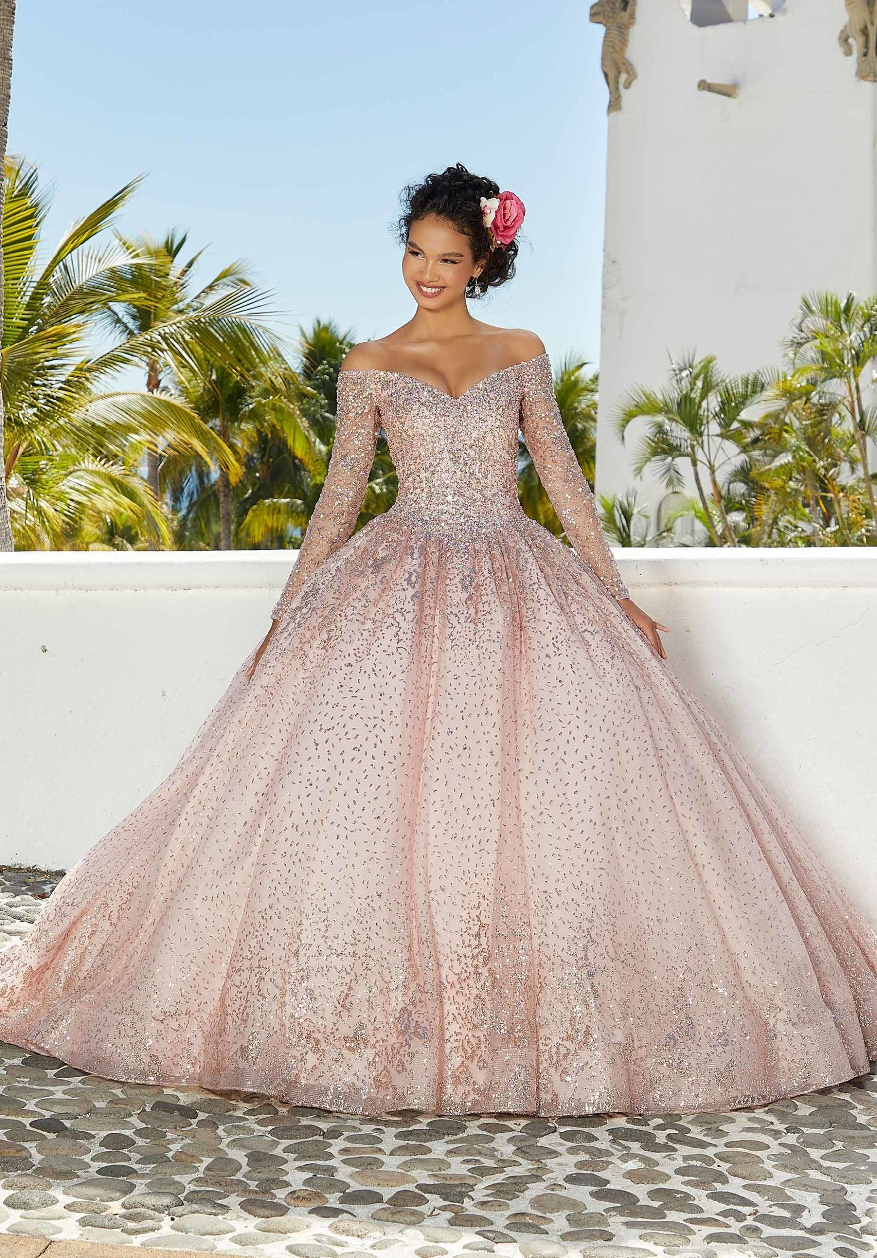 Patterned Glitter Net Quinceñera Dress