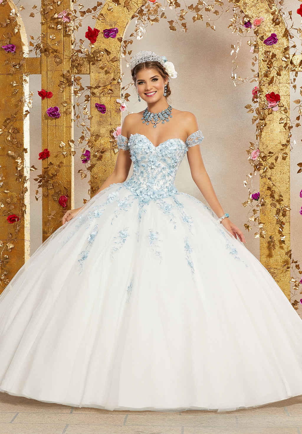 Crystal Beaded Three-Dimensional Floral Appliquéd and Embroidered Tulle Ballgown