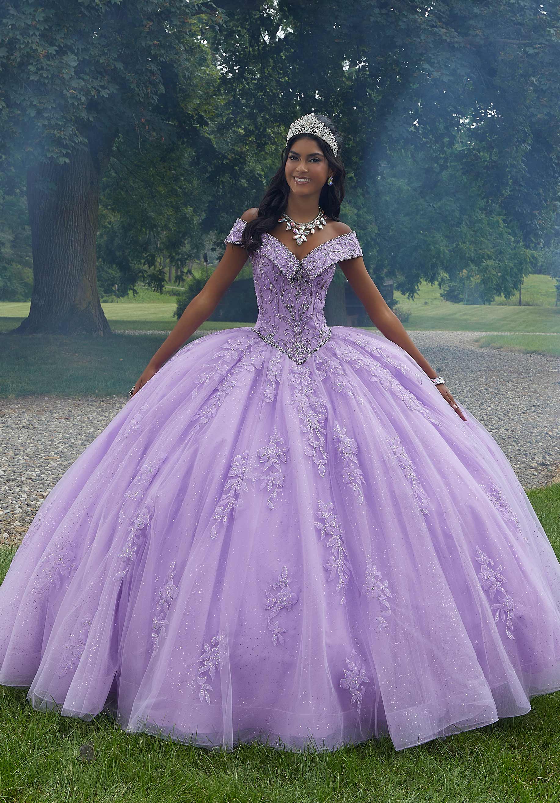 Rhinestone Quinceañera Dresds with Floral Organza Embroidery