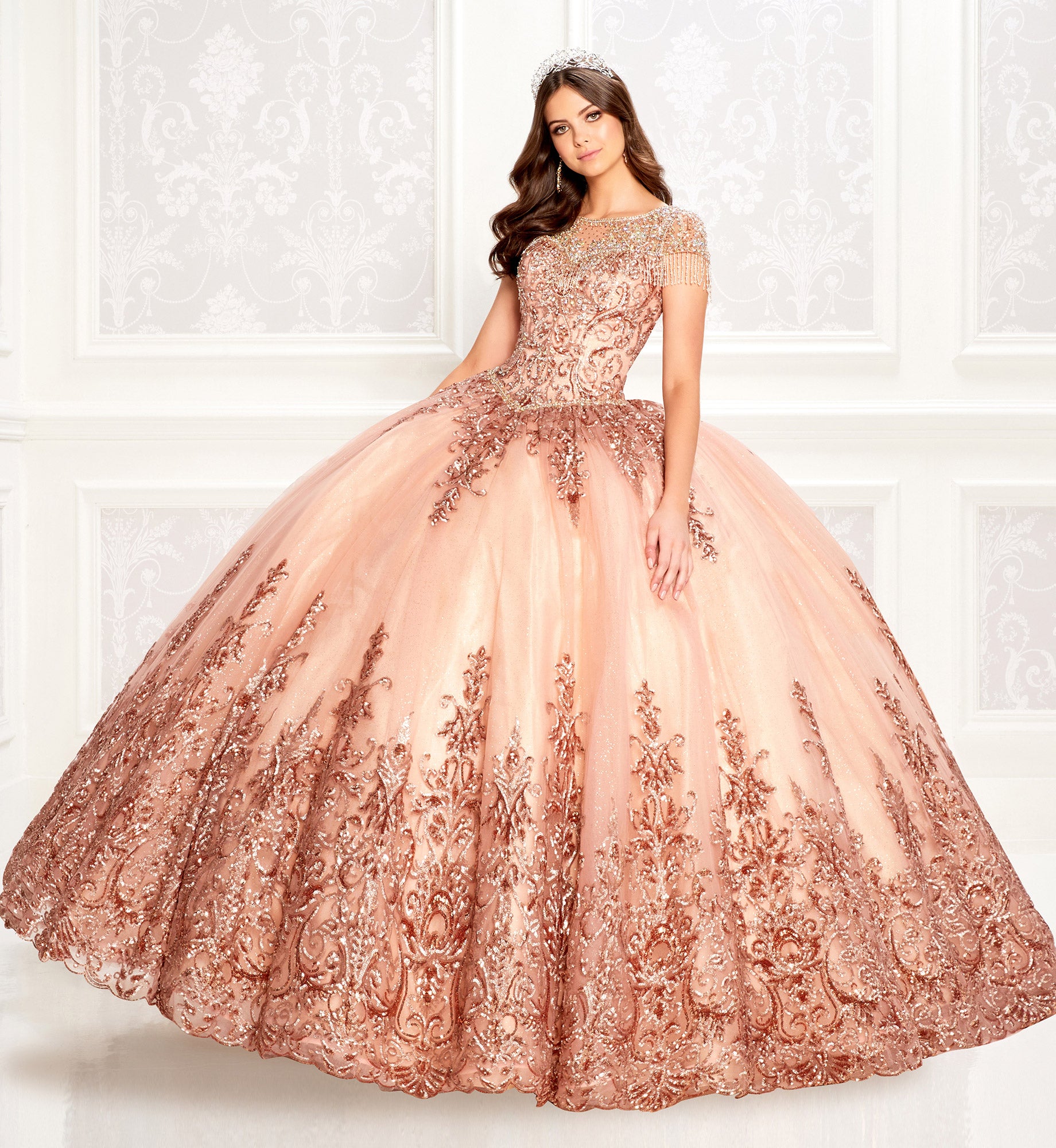 Beautiful quinceanera dress with jewel neckline and beaded fringe