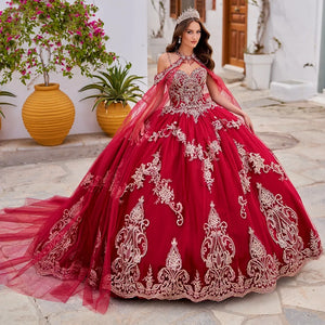 Princesa Quinceanera Dress with Embroidered Lace and Stone Accents and Matching Cape