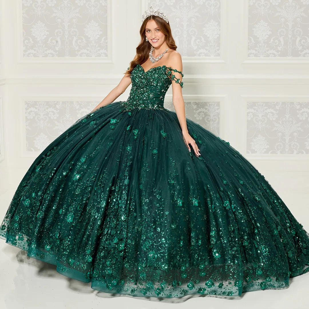 Quinceanera dress with beaded bodice and floral applique details along the hem