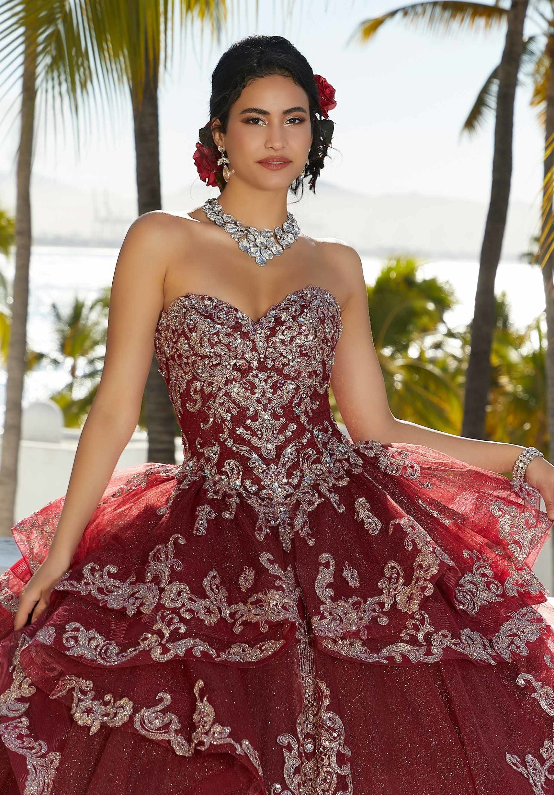 Flounced Glitter Embroidered Quinceañera Dress