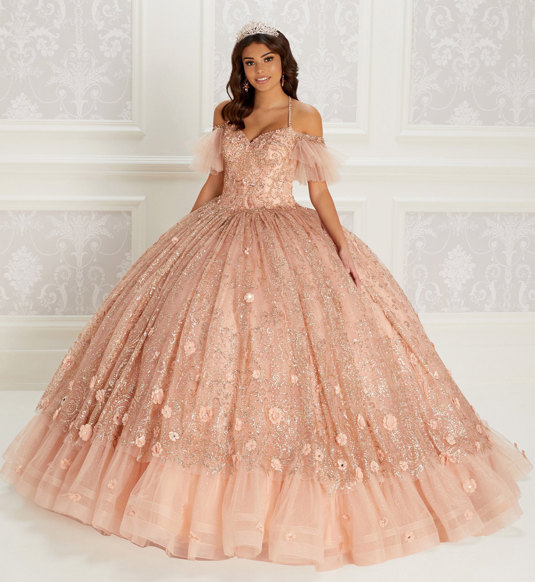 Glitter tulle quinceanera dress with beaded bodice, all-over embroidery, and detachable straps