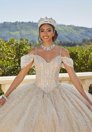 Patterned Glitter Quinceañera Dress with Bow