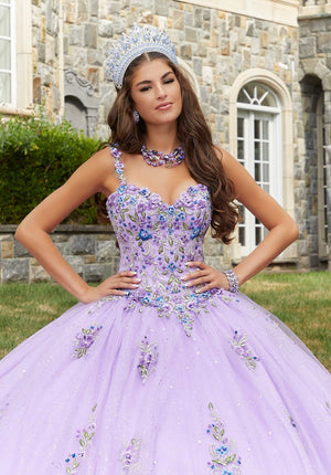 Crystal Beaded Contrasting Floral Embroidered Quinceañera Dress