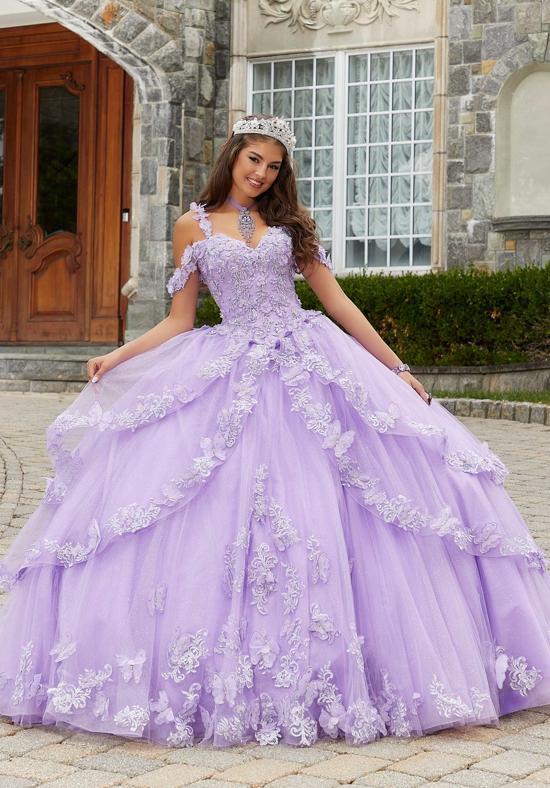 Metallic Embroidered Quinceañera Dress with Three-Dimensional Butterflies