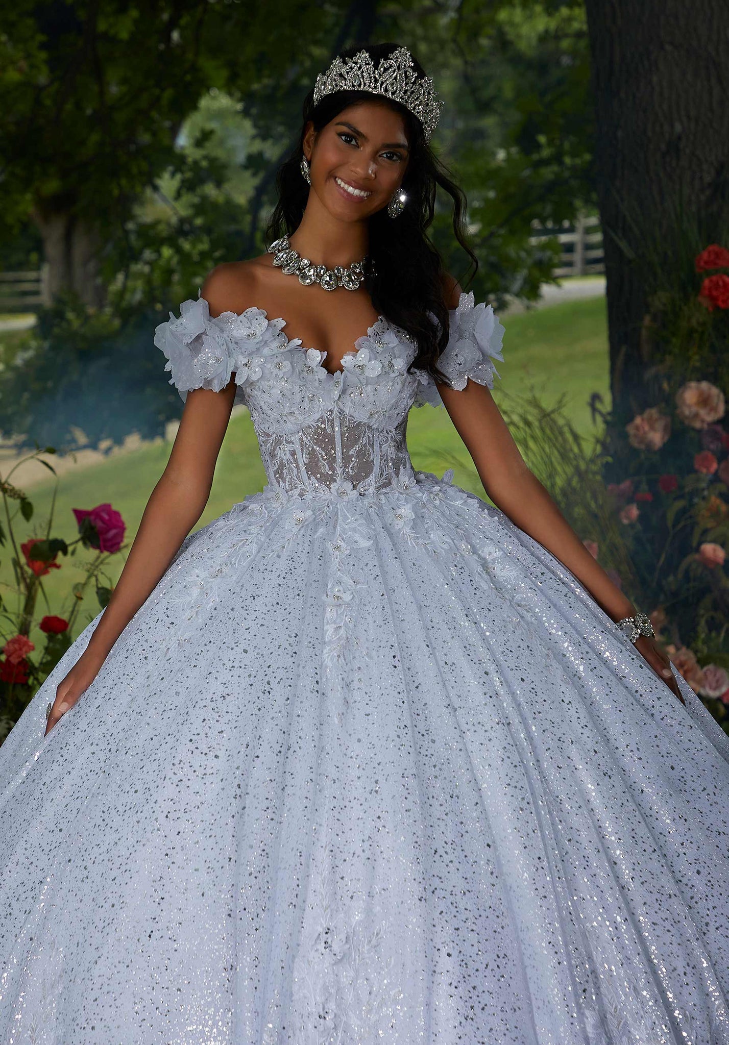 Foil Printed Tulle Quinceañera Dress with Three-Dimensional Florals