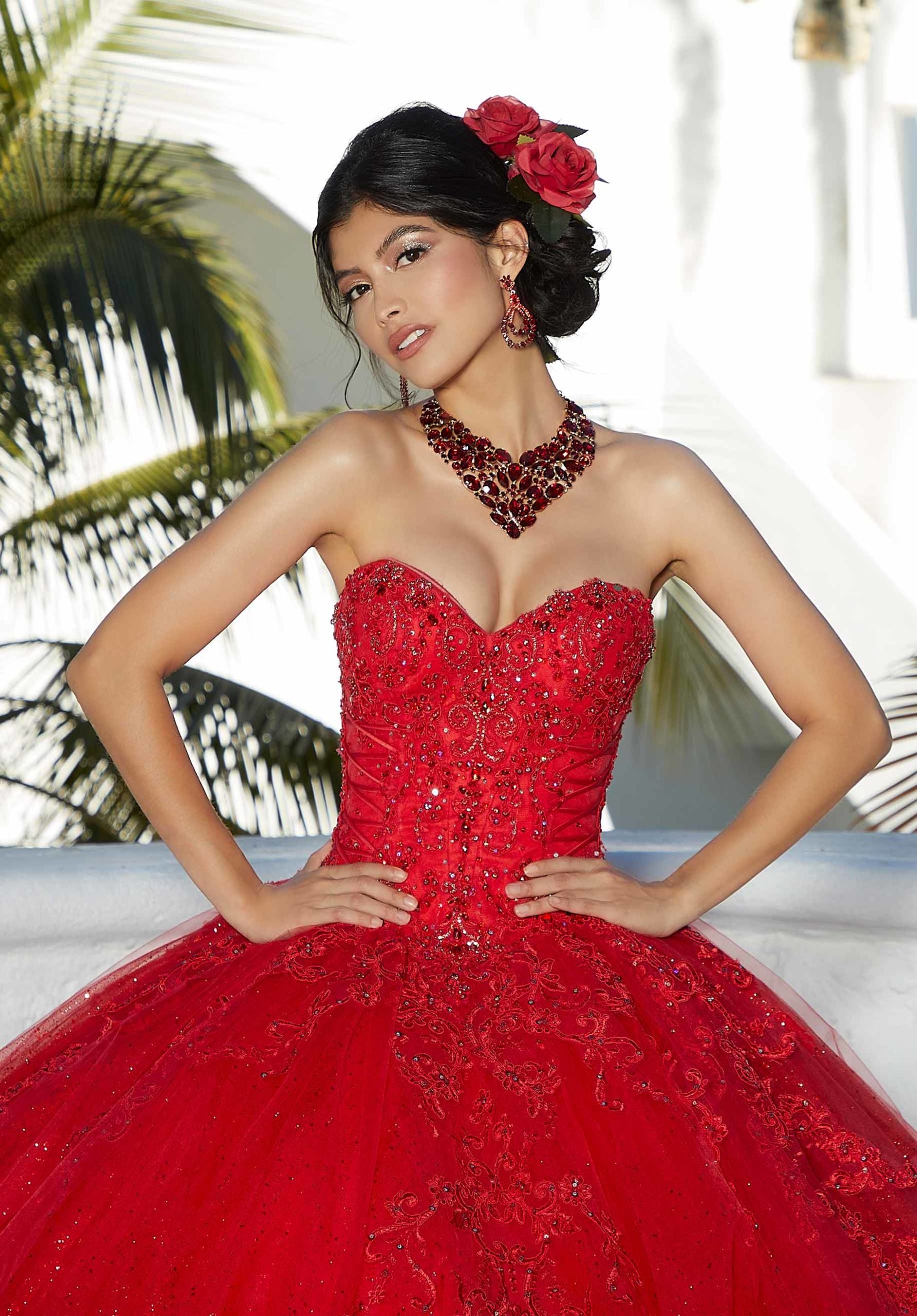 Rhinestone Beaded Lace Quinceañera Dress with Corset Bodice