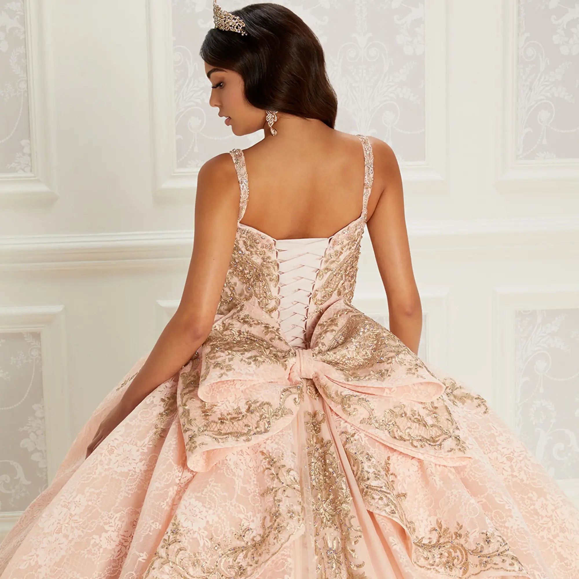 Lace quinceanera dress with shimmering embroidery and detachable off-the-shoulder sleeves