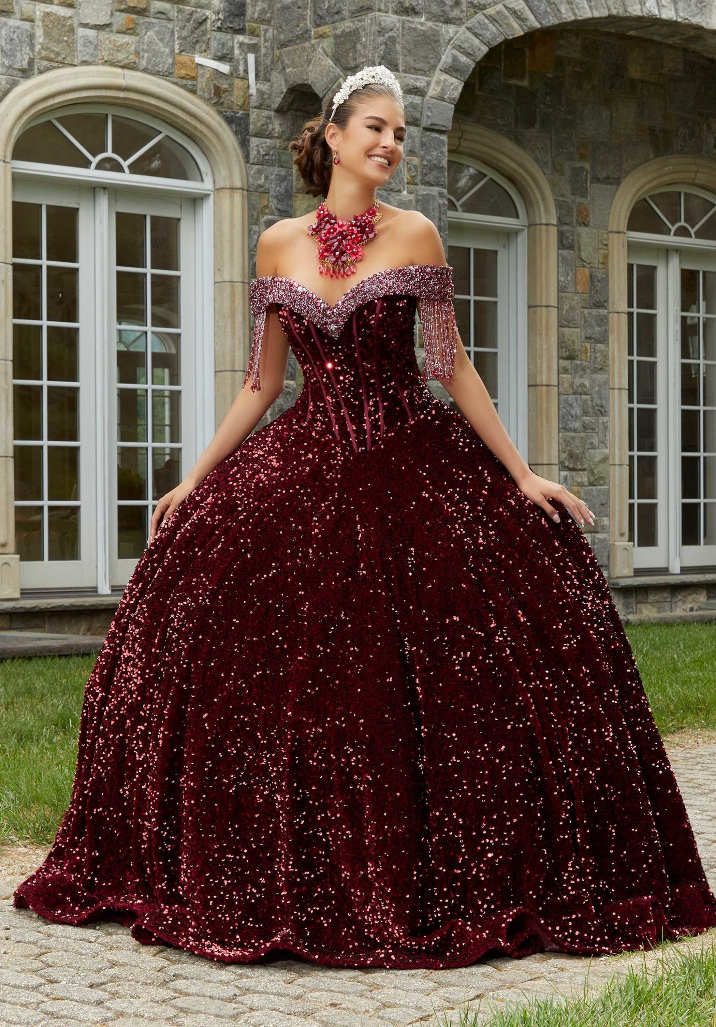 Allover Sequin Velvet Quinceañera Dress with Beaded Fringe