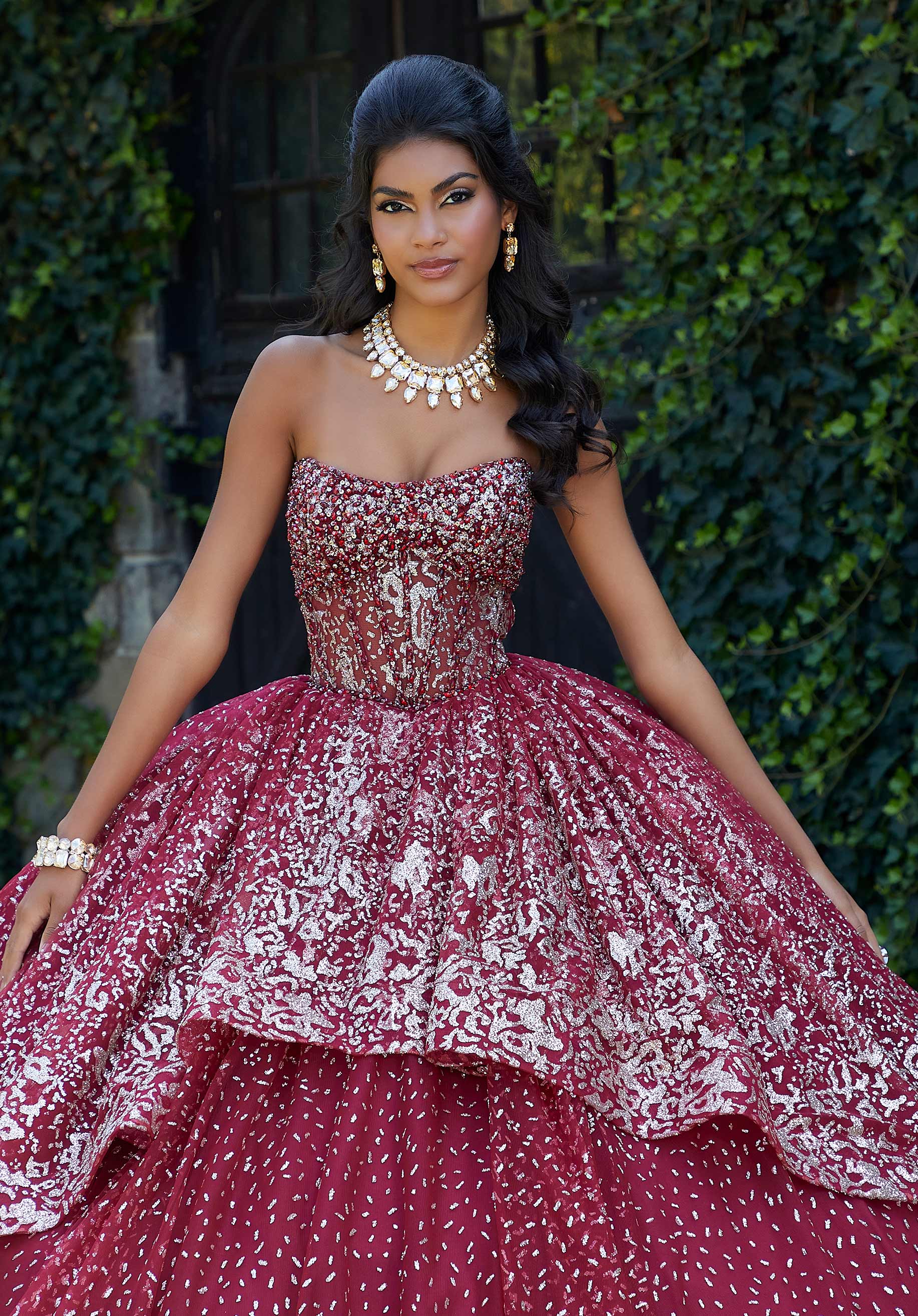 Patterned Glitter Quinceanera Dress with Flounced Skirt Overlay