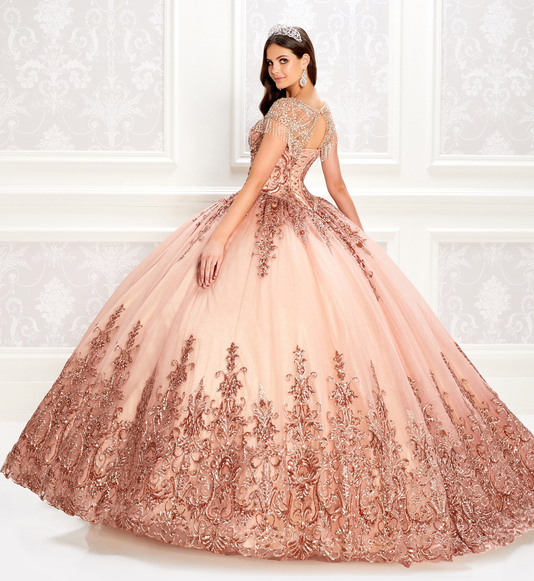 Beautiful quinceanera dress with jewel neckline and beaded fringe