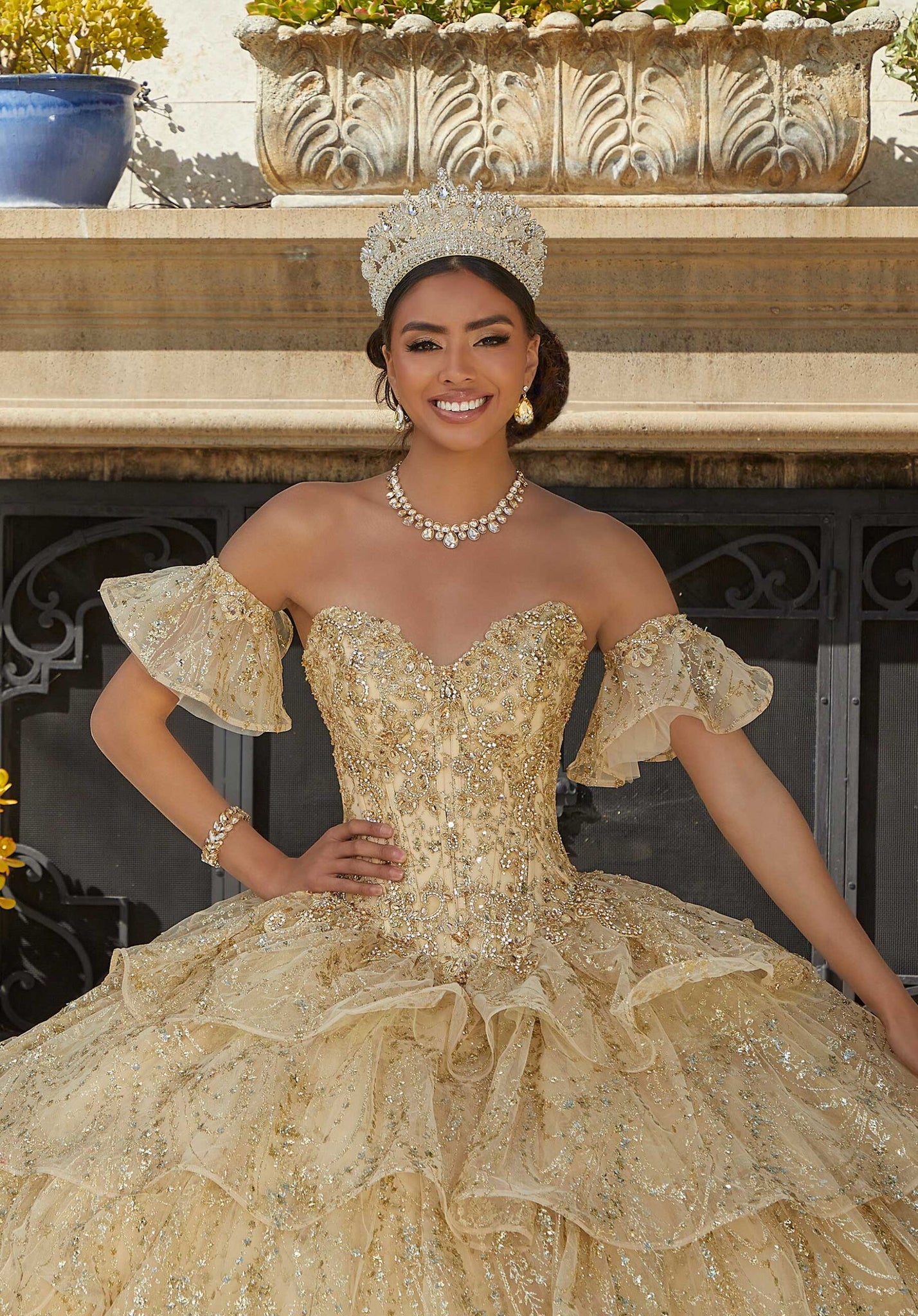 Jeweled and Embroidered Tiered Quinceañera Dress
