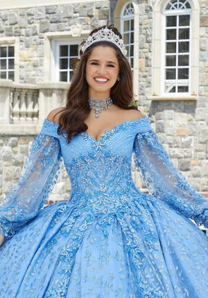 Patterned Glitter Tulle Quinceañera Dress with Bishop Sleeves