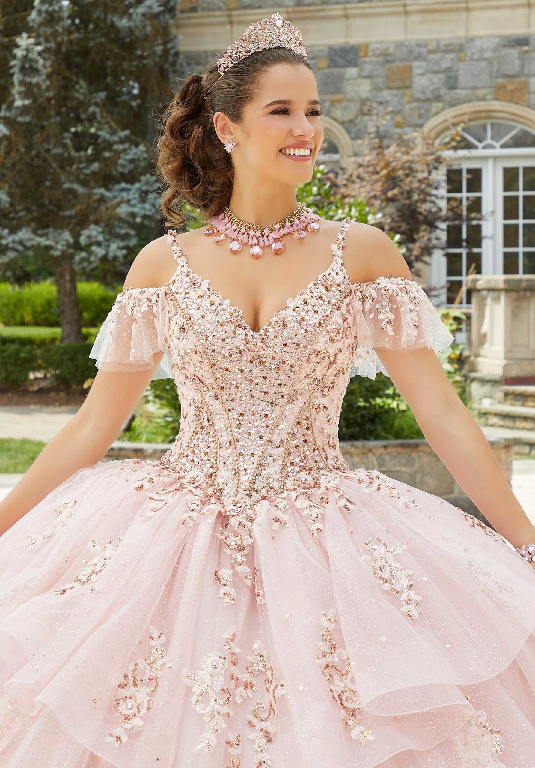 Flounced Rhinestone and Sparkle Tulle Quinceañera Dress