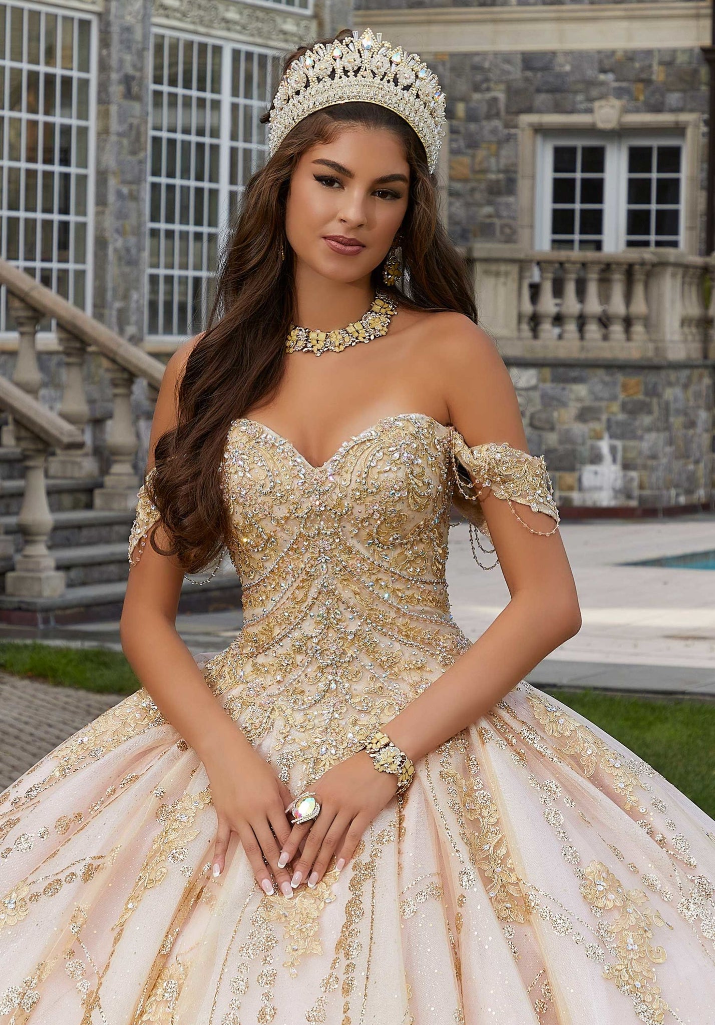 Patterned Glitter Quinceañera Dress with Chandelier Beading